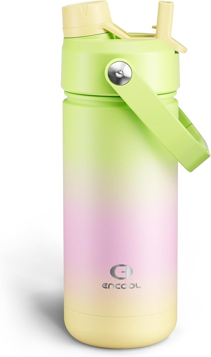ENCOOL Insulated Water Bottle with Straw Stainless Steel Water Bottle, Leak-Proof, BPA-Free, Double Wall Vacuum Keeps Cold for 24 Hours for Sports, Travel, School (18 oz, Morning Dew)