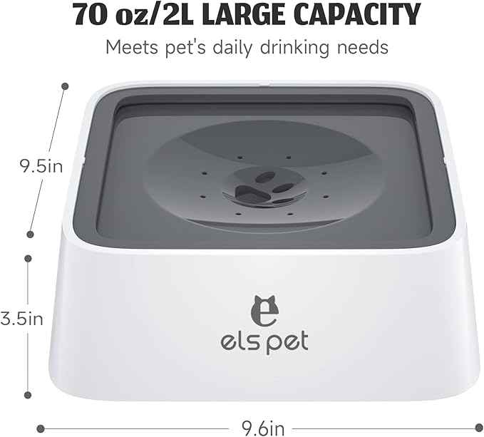 ELS PET No Spill Slow Water Feeder - Large Capacity 70oz/2L Travel Bowl for Dogs & Cats (Grey)