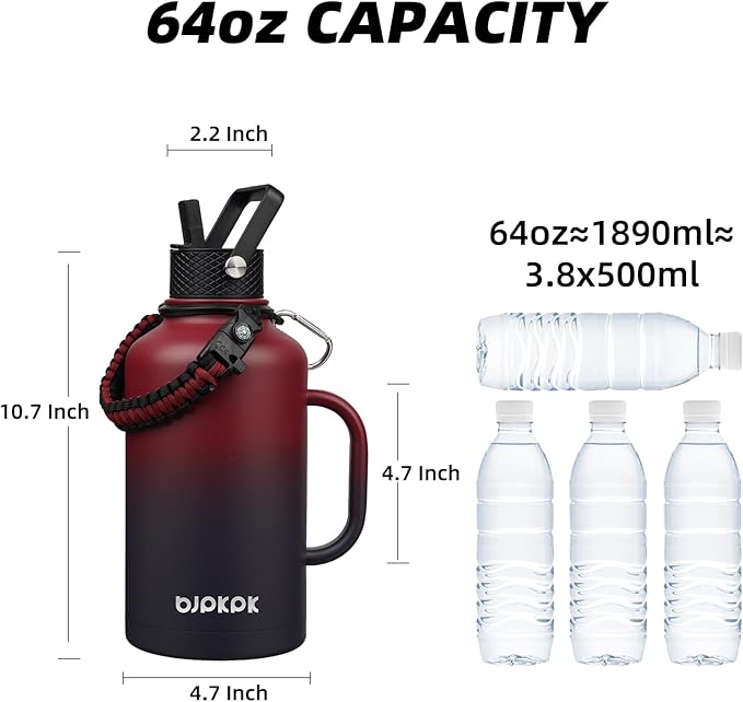 BJPKPK Half Gallon Insulated Water Bottles with Straw Lid & Side Handle, 64oz Large, Stainless Steel Water Bottles with 3 Lids and Paracord Strap, Metal Water Jug,Charming Red