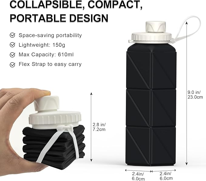 Collapsible Water Bottles 20.6oz 2 Pack, Silicone Foldable Portable Travel Water Bottle, BPA-Free Reusable Leakproof for Travel Camping Hiking Cycling Yoga Sports Outdoor (Black+Blue)
