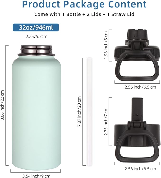 Volhoply 32 oz Insulated Water Bottle with Straw Lid & Spout Lid,Stainless Steel Sports Water Bottle,Double Wall Vacuum Cups,Leakproof Wide Mouth Metal Flask,Keeps Cold or Hot for Travel(Fog,1)