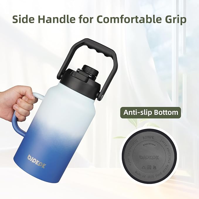 BJPKPK 87oz Insulated Water Bottle with Handle, Large Dishwasher Safe 2/3 Gallon Water Bottle, BPA Free Water Jug, Wide Mouth Metal Flasks with Anti-slip Bottom, Keep Cold & Hot,Blue & Black