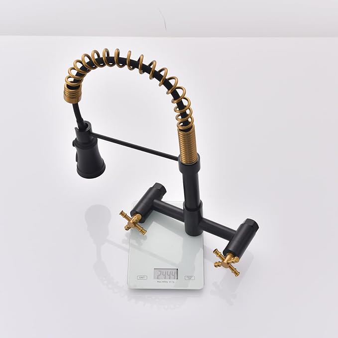 Wall Mount Kitchen Faucet, 8 Inch Center Wall Mount Faucet with Pull Down Sprayer, Commercial Spring Wall Faucet for Kitchen Sink, 3 Functions, Dual Handle, 304 Stainless Steel, Black and Brushed Gold