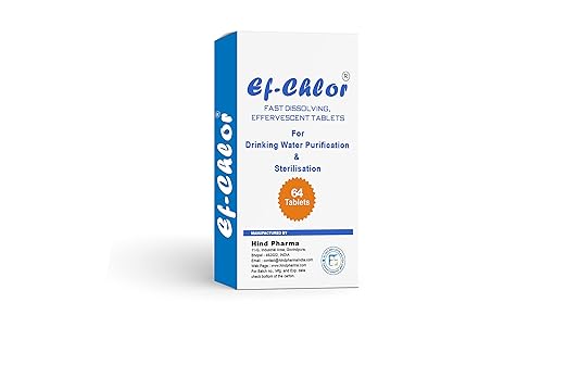 Ef-Chlor Water Purification 64 Tablets - 400mg Portable Drinking Water Purification & Sterilization Tablet Ideal for Emergencies Survival Purifies 26.4 Gallons - 39.62 Gallons in 1 Tablet