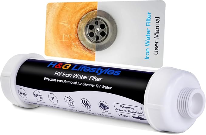 H&G lifestyles Iron RV Water Filter Camping, RV Inline Water Filter for RV Hose, Reduce Iron Fluoride Manganese Improve Water Taste for Drinking Water, 3/4