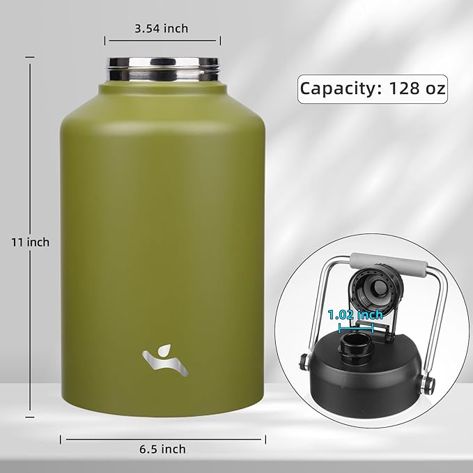 1 Gallon Jug with Handle,128 oz Insulated Water Bottle with Carrying Pouch, Double Wall Vacuum Stainless Steel Metal Bottle,Forest Green