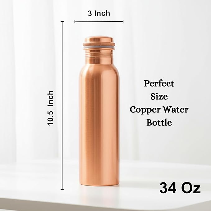 Copper Water Bottle - 34 Oz Extra Large - A Hammered Ayurvedic Pure Copper Vessel For Drinking - Drink More Water, Lower Your Sugar Intake And Enjoy The Health Benefits Immediately (Plain)