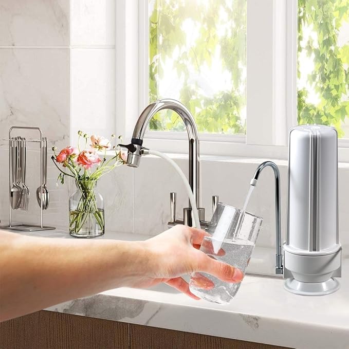 NU Aqua Countertop Water Filter System 1 Stage w/Chrome Faucet + Extra Replacement Carbon Filter - Over The Counter Top Drinking Water Purifier Filtration & Dispenser for Kitchen Sink - 120-Day Trial