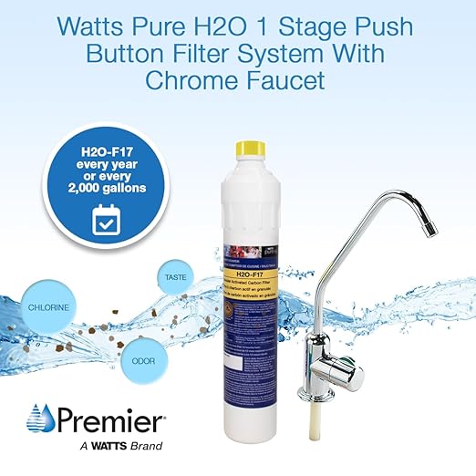 Watts Premier H2O-DWGC100 Pure H2O 1-Stage Under Counter Water Filtration System, Non-Air Gap Chrome Faucet, Push Button Design GAC Filter, Automatic Shutoff Valve