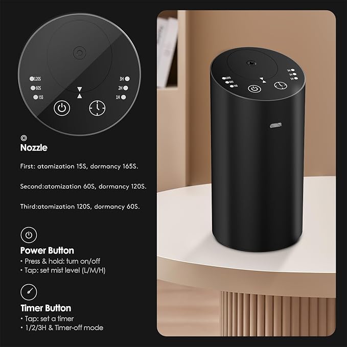 Waterless Car Diffuser, Waterless Diffusers for Essential Oils with Timer & No Leakage Tech, Super Quiet Cordless Aromatherapy Essential Oil Diffuser Battery Operated for Car, Room, Office