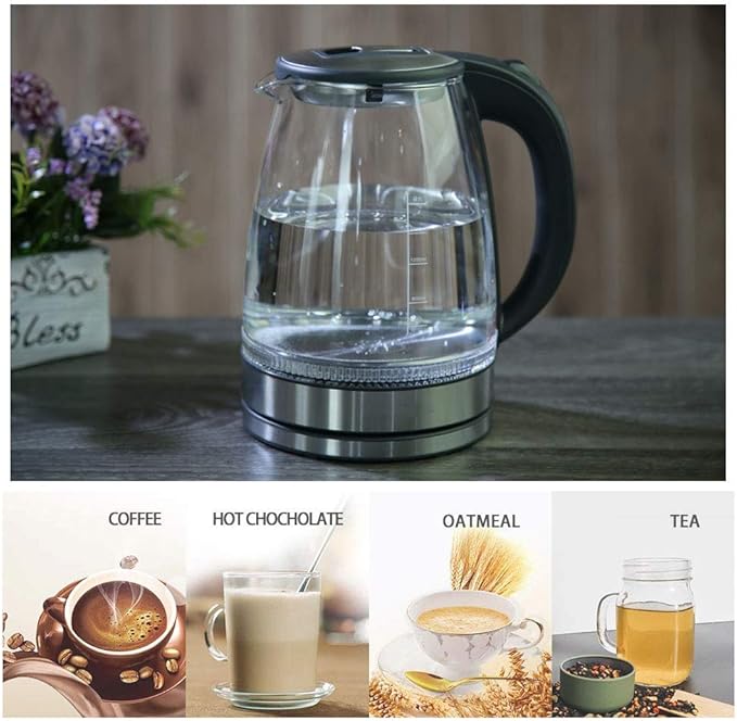 Kettles,Glass Electric Kettle, 1.8L Eco Water Kettle with Illuminated Led, Cordless Water Boiler with Stainless Steel Inner Lid Base