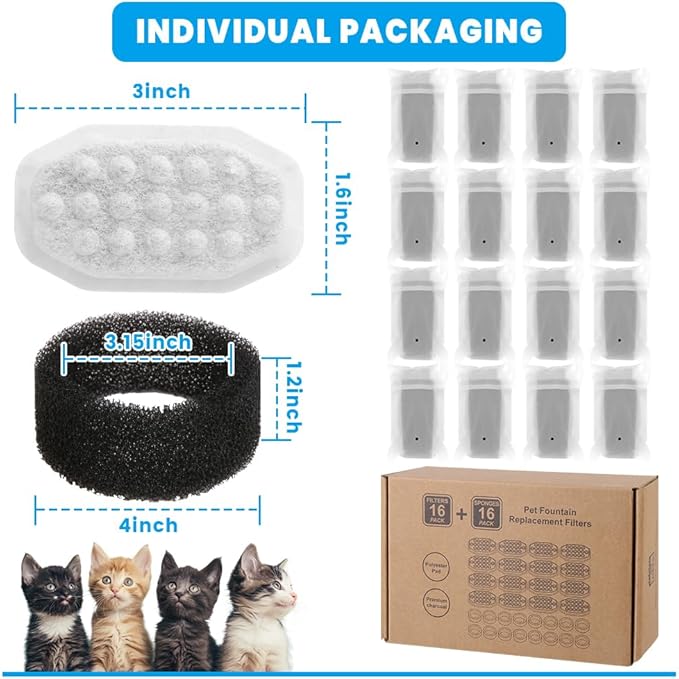 32 PCS Cat Water Fountain Filter for 108oz/3.2L Stainless Steel Dispensers – 16 Pack Replacement Filters for Pet Fountains – 16 Carbon + 16 Sponge – Improves Water Quality & Reduces Odors