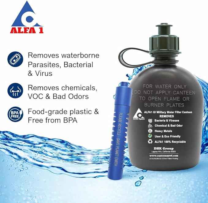ALFA1 OD GI Military Water Filter Canteen 1 Quart/32oz | Built-in Nano Filter | Improves Taste & Odor | Leak Proof BPA-Free Plastic | Camping, Hiking, Backpacking, Outdoor & Travel