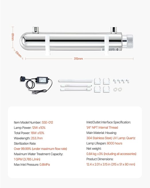 VEVOR Purifier UV Water, 12 W, 1 GPM, 110 V, Versatile Ultraviolet Water Purification Filter with Stainless Steel housing, UV Water Filter for The Whole House with Quartz Sleeve