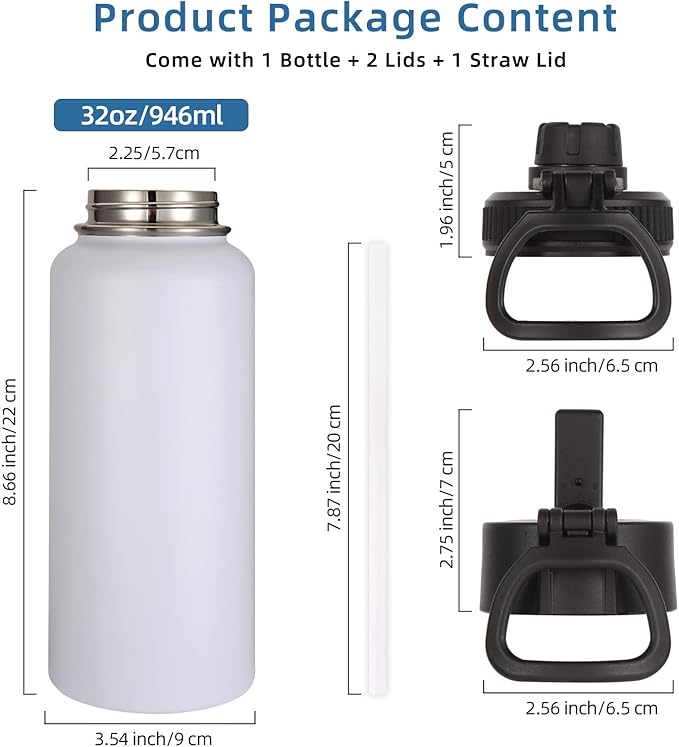 Volhoply 32 oz Water Bottle with Straw Lid & Spout Lid,Insulated Sports Water Bottle,Double Wall Vacuum Stainless Steel Cups,Leakproof Wide Mouth Metal Flask,Keeps Cold or Hot for Travel(White,1)