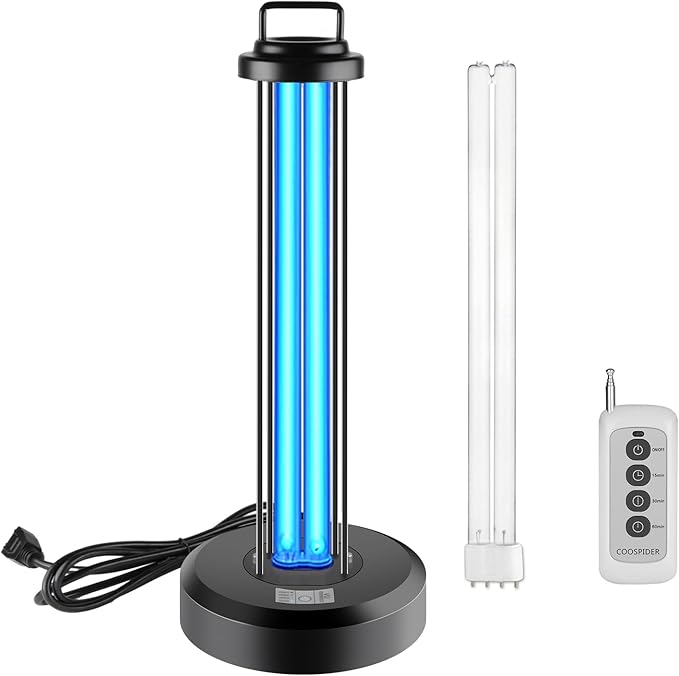 38W UV Light Sanitizer with 1 Spare Bulb, Ultraviolet Lamp with Remote Control for Home, Office School, Hotel.99.99% UVC Cleaning Portable Lamp, 3-Gear Timer 15/30/60 Minutes 110V with Ozone