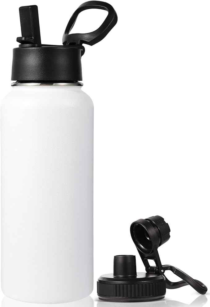 Neihepal 32 oz Insulated Water Bottle with 2 Lids (Straw & Spout Lid), 18/8 Stainless Steel Double Wall Water Bottles for Gym, Travel, Camping, Sports (White,1 Pack)