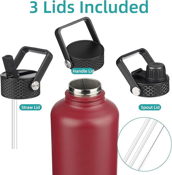 Half Gallon Insulated Water Bottle with Straw,64 oz 3 Lids Water Jug with Carrying Bag,Paracord Handle,Double Wall Vacuum Stainless Steel Metal Flask,Dark Red