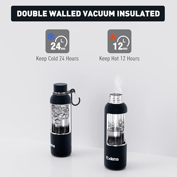 Exllena Slim Insulated Water Bottles for Travel 18oz with Clip, Double Wall Vacuum Stainless Steel Water Bottle Keeps Drinks Cold 24 Hrs/Hot 12 Hrs, 100% Leakproof, BPA Free(Black)