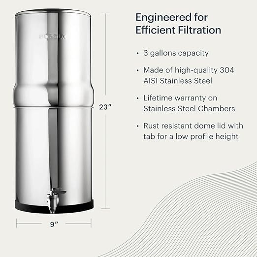 Boroux Legacy Gravity-Fed Countertop Stainless Steel Water Filter System | 3 Gallons with 2 Authentic Black Foundation. Filters