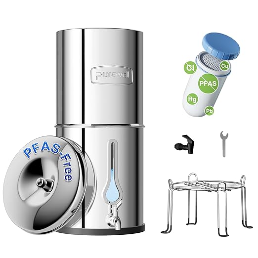 Purewell PFAS-Free 6-Stage Gravity Water Filter System with PC Water Level Window, Certified to Reduce Lead, Total PFAS (Forever Chemicals), Mercury, and Chlorine, SF-2.25G