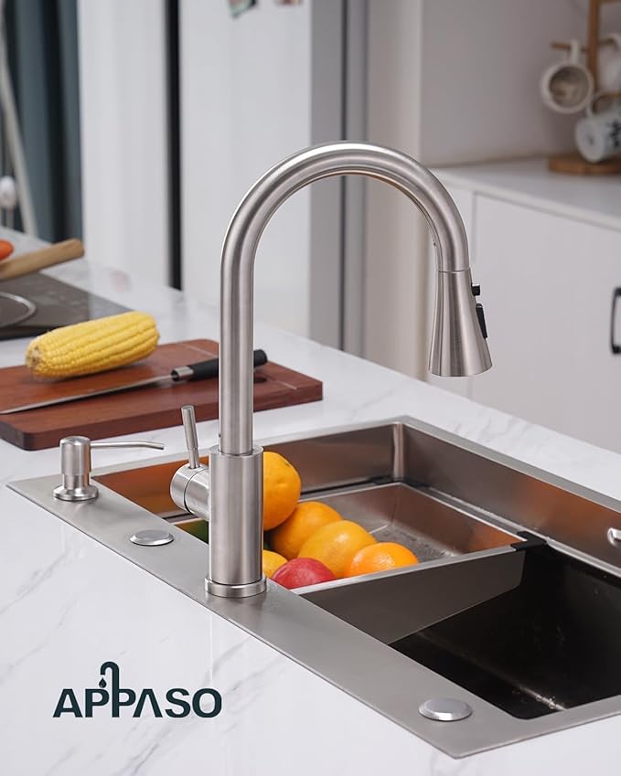 APPASO Touchless Kitchen Faucet, Brushed Nickel Stainless Steel Motion Sensor Sink Faucets with Soap Dispenser and Pull Down ABS Sprayer 3 Modes, Activated Hands Free Faucet for Sink