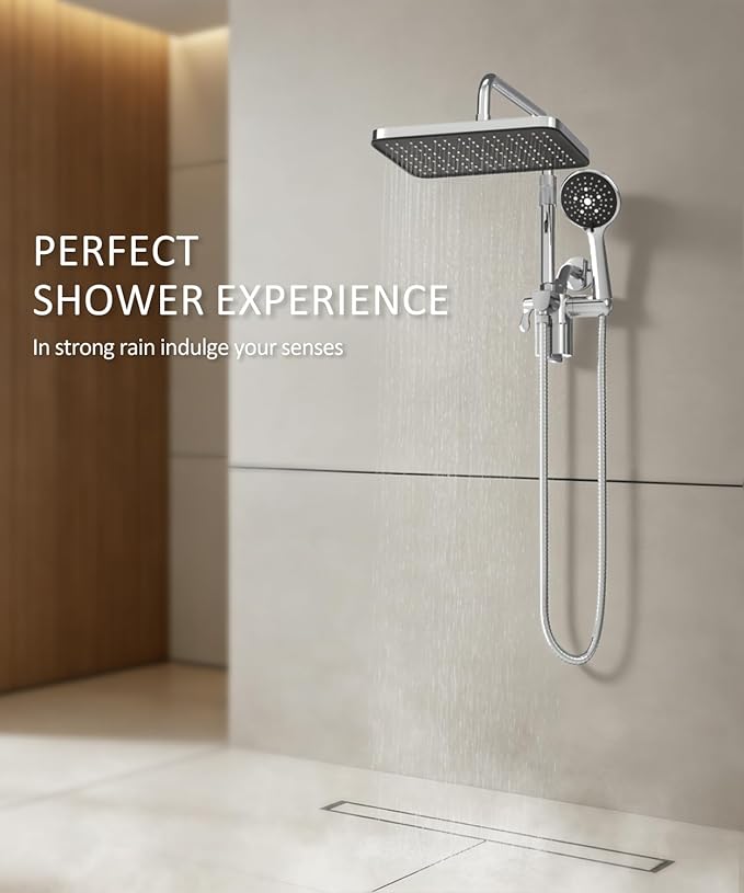 Filtered Shower Head with Handheld,12 Inch High Pressure Rain Shower Head with Adjustable Extension Arm,Dual shower filter head for hard water,Tool-Free DIY Kit,Chrome (Chrome)