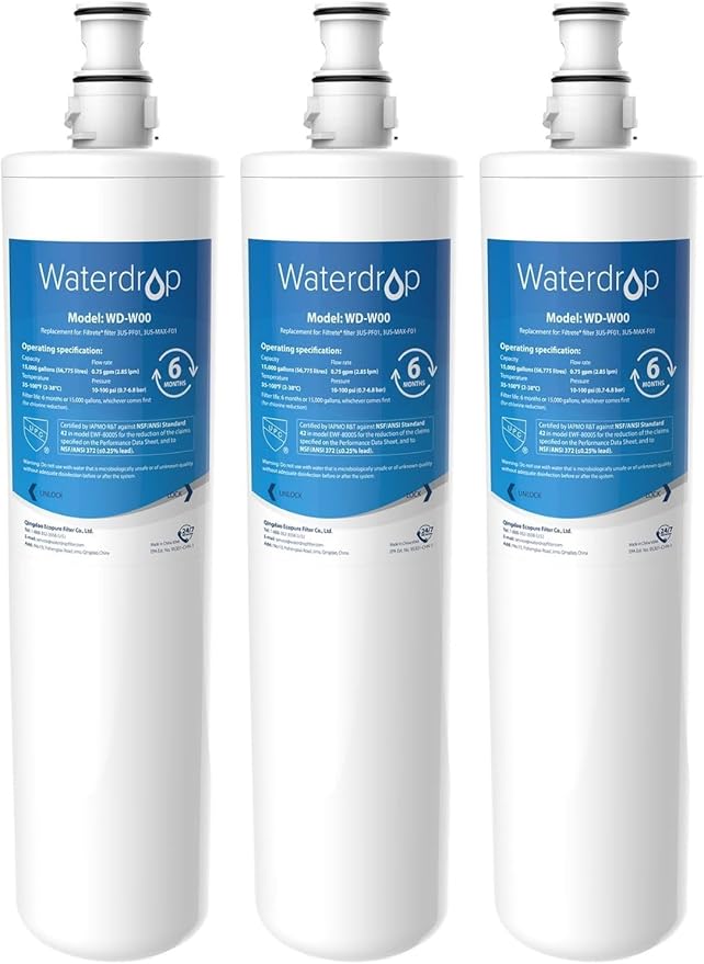 Waterdrop 3US-MAX-F01 Replacement Filter, 3US-PF01 Water Filter, Replacement for Filtrete® 3US-PF01, Maximum 3US-MAX-F01, 3US-PS01, 3US-MAX-S01, Manitowoc K-00338, NSF/ANSI 42 Certified, Pack of 3