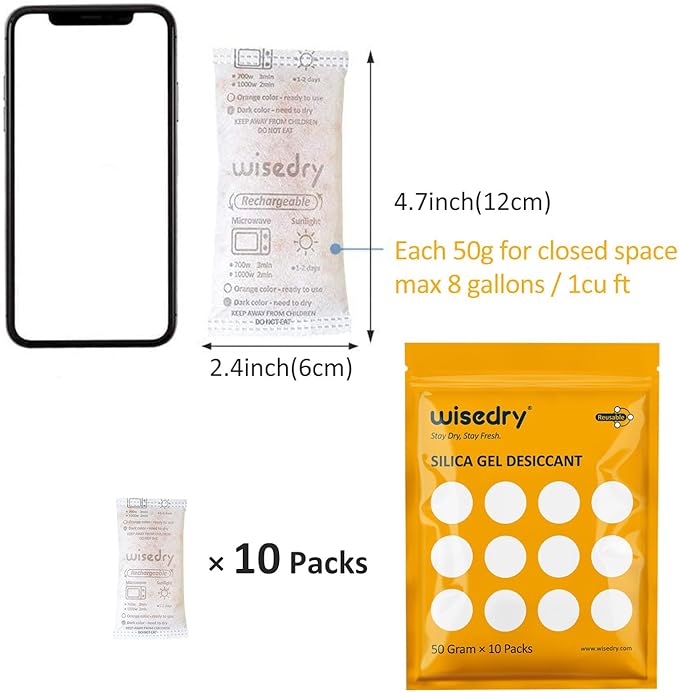 wisedry 50 Gram [10 Packs] Silica Gel Packets Microwave Fast Reactivate Desiccan Packs with Indicating Beads