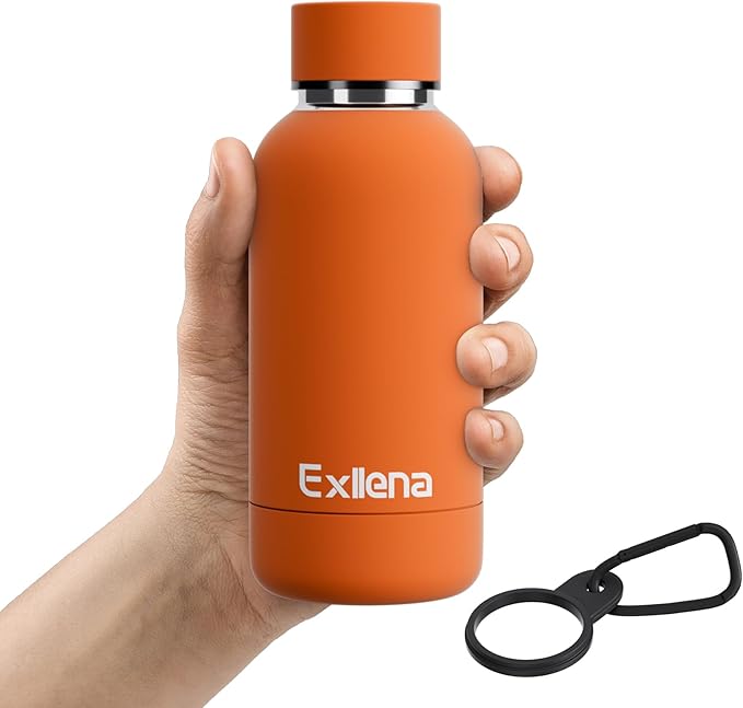 Exllena Small Water Bottle 12oz with Clip, Double Wall Stainless Steel Vacuum Small Insulated Water Bottle Keeps Drinks Cold 24 Hrs/Hot 12 Hrs for Kids Handbag School BPA Free (Bright Orange)