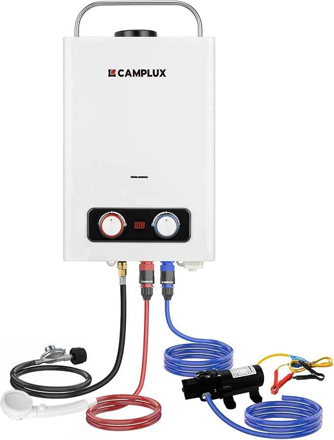 CAMPLUX 1.58 GPM Portable Tankless Water Heater with Water Pump Kit, Propane Water Heater Outdoor with 1.2 GPM Pump, 41,000 BTU, BD158P43
