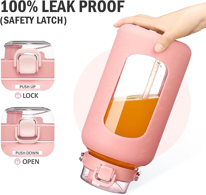 84oz Glass Water Bottle with Stainless Steel Handle,2.5L Gallon Water Bottle with 2-IN-1 Straw Lid, Silicone Sleeve and Motivational Capacity Marker, Wide Mouth Water Jug For Gym, Workout, Pink