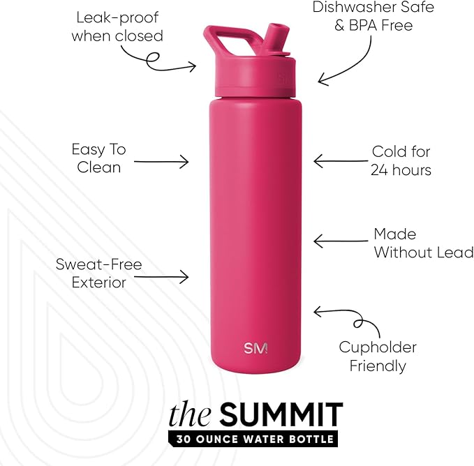 Simple Modern Water Bottle with Straw Lid | Vacuum Insulated Stainless Steel Metal Thermos | Reusable Leak Proof BPA-Free Flask for Sports Gym | Summit Collection | 30oz, Berry Twist
