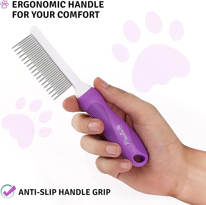 Poodle Pet Detangling Pet Comb with Long & Short Stainless Steel Teeth for Removing Matted Fur, Knots & Tangles – Detangler Tool Accessories for Safe & Gentle DIY Dog & Cat Grooming - AquaVibe