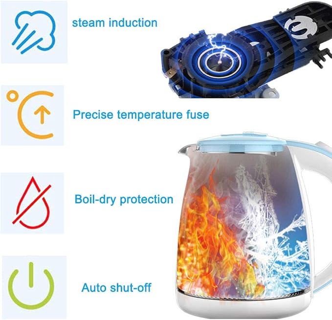 Kettles,Glass Electric Kettle,Eco Water Kettle with Illuminated Led,Bpa Free Cordless Water Boiler with Stainless Steel Inner Lid Bottom,Fast Boil Auto-Off Boil-Dry Protection,1.8L 1500W/Blue hopeful