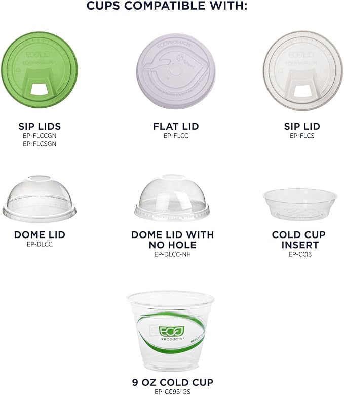 ECO PRODUCTS GreenStripe Clear Compostable 9oz PLA Plastic Cups, Case of 1000, Disposable Renewable Plant-Based Cold Cups, For Cold Drinks & Snacks, BPI Certified, ASTM Compliant.