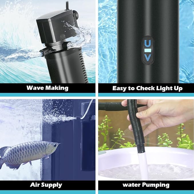 COOSPIDER Aquarium Filter 200GPH U-V Fish Tank Green Clean Machine for 20-75 Gal Tank, Submersible Pump Filter for Green Water, Internal Filtration System for Saltwater Freshwater Crystal Clear