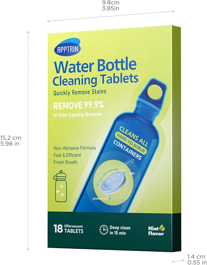 Water Bottle Cleaning Tablets, 18 Pack Bottles Clean Tablet Hydration Bladder Cleansing Tablets for Hydration Bladder, Water Bottle, Individually Packed, Mint Flavor