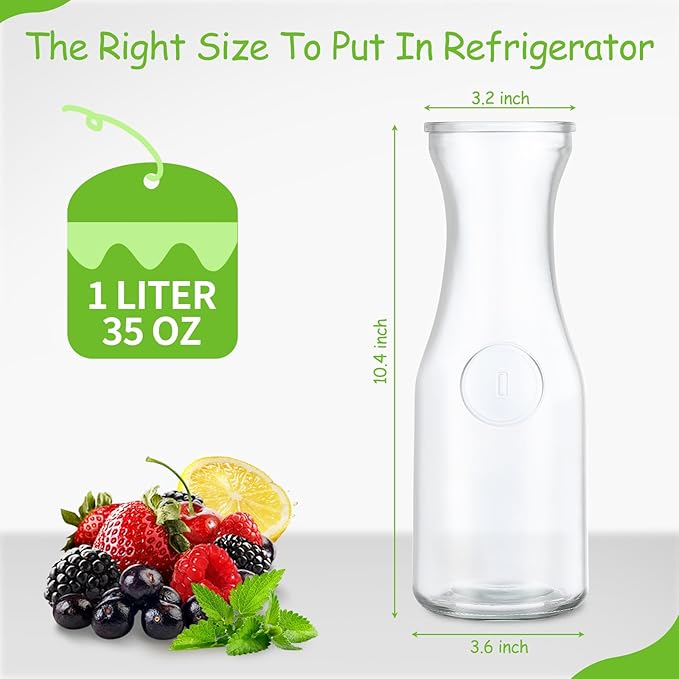 2pcs Glass Carafe with Lid, Premium Clear Water Pitcher Carafe 1 Liter Juice Containers with Lids for Brunch Cold Warm Water Beverage Wine Iced Tea Lemonade, BPA Free Shatter Proof