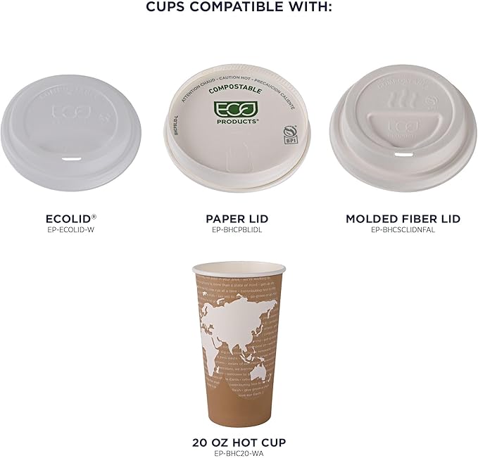 ECO PRODUCTS Compostable Disposable World Art 20oz Large Coffee Cups, Pack of 50, Renewable Hot Paper Cup, Plant Based PLA Lining, Color Coded
