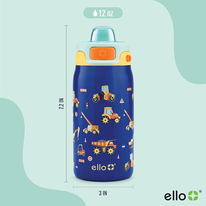 Ello Pop & Fill 12oz Stainless Steel Kids Water Bottle with Quick Fill Lid | Vacuum Insulated BPA Free Bottle with Leak Proof Straw and Chug Lid, Dishwasher Safe, Gift For Kids, Construction Site