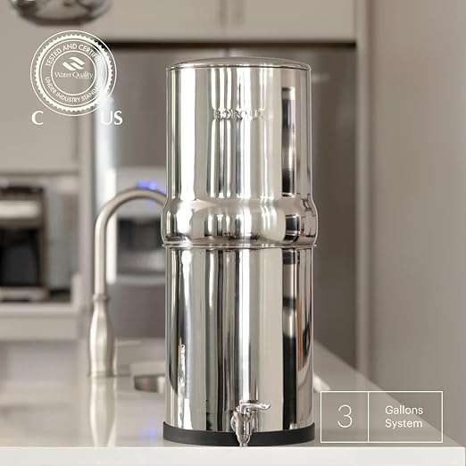 Boroux Legacy Gravity-Fed Countertop Stainless Steel Water Filter System | 3 Gallons with 2 Authentic Black Foundation. Filters