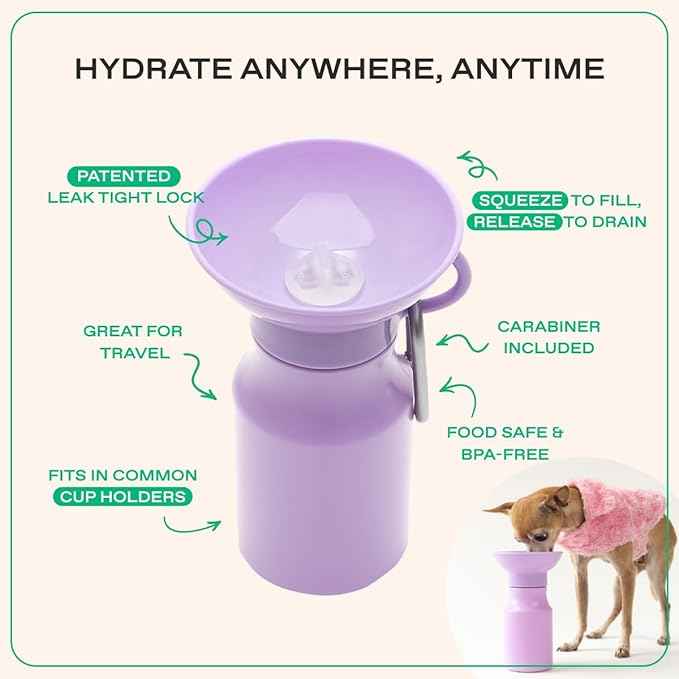 Springer Dog Water Bottle | Portable Travel Water Bottle Dispenser for Dogs - As Seen on Shark Tank | Patented, Leak-Proof Bottles Fill Bowl with Water - Ideal for Walking | BPA-Free 15oz Lilac