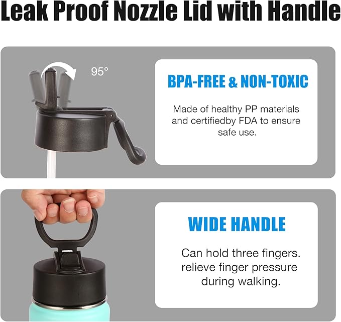 Volhoply 22 oz Insulated Water Bottles with Straw Lid, Stainless Steel Sports Bottle with Handle, Double Walled Vacuum Metal Travel Cups with Wide Mouth,Reusable Water Flask for School (Mint,1 Set)