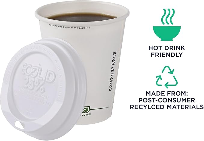 Eco-Products Ecolid Recycled Small Coffee Cup Lids, Case of 1000, White, Fits 8oz Hot Cups, Made from 25% Post-Consumer Recycled Plastic Polystyrene, Made in the U.S.A.