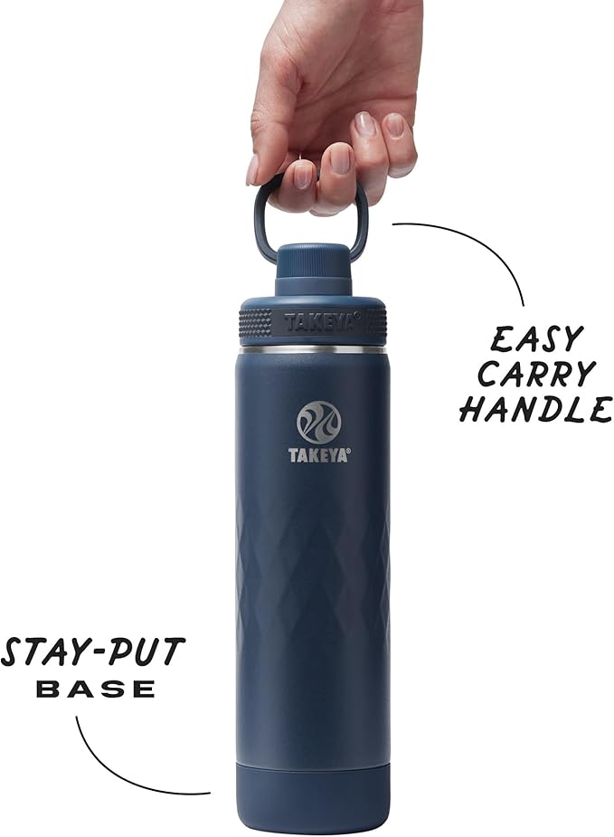 Takeya Sport 22 oz Triple-Insulated Stainless Steel Water Bottle, Spout Lid – Leakproof, Sweatproof, BPA-Free, Keeps Drinks Cold 36 Hrs, Hot 14 Hrs – Indigo