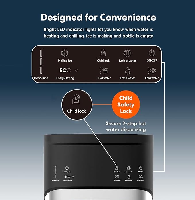 Self Clean Water Cooler Dispenser and Ice Maker Bottom Load for 5 Gallon Ice 22lbs Daily Capacity 3 Temperature Settings Full Alert Night Light Black