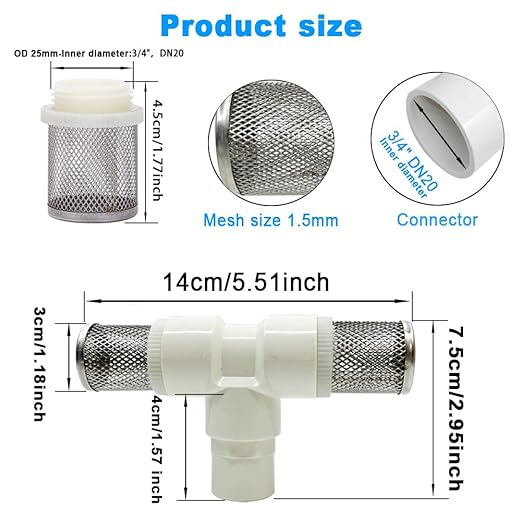 3/4" T Strainers Steel Filter Cover Connected to 3/4" PVC DN20 Water Pipe, Suction Hose T Strainer Used to Remove Debris and Reduce Solid Entry