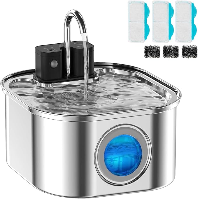 Wireless Cat Water Fountain with 3 Filters + 3 Sponges，[Rechargeable & Faucet ] Stainless Steel Battery Operated, 108oz/ 3.2l Automatic Cordless Pet Fountain -Dog Fountain with 4200 Mah Battery