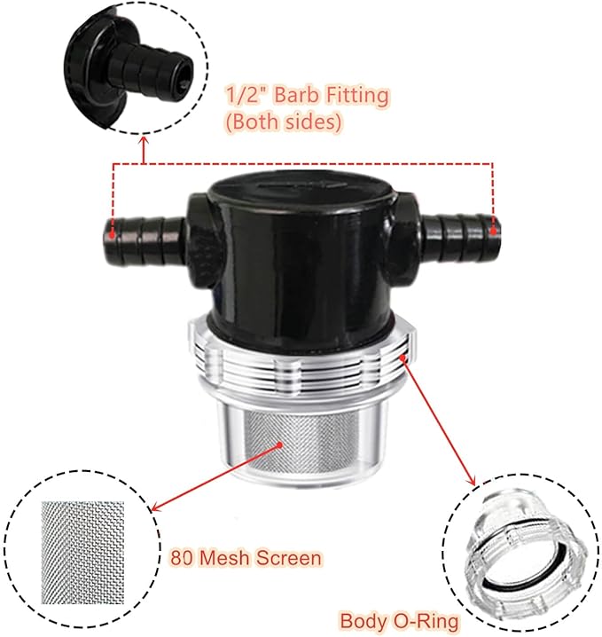 1/2 Inches Water Pump Strainer, RV Water Pump Filter Compatible with 3/8 Inches Hose Barb In-Line Strainer Twist-On Pipe Sprayer for 12V DC 80 PSI Camper Marine Boat Lawn, 80 Mesh Filter 2PC
